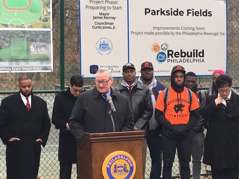 Mayor Jim Kenney at the first groundbreaking of his signature Rebuild initiative. (Malcolm Burnley/PlanPhilly)