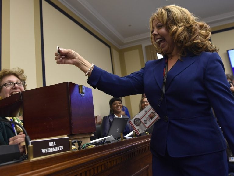 Rep.-elect Lucy McBath, D-Ga., reacts after drawing her number during the Member-elect room lottery draw on Capitol Hill in Washington on Friday.
(Susan Walsh/AP)