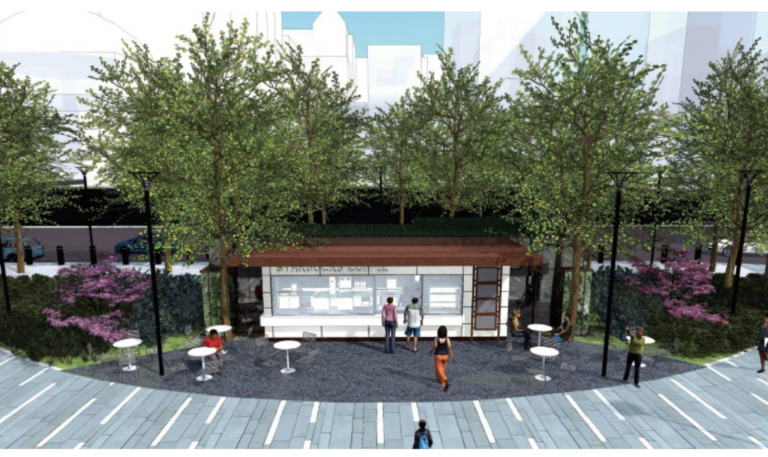 Rendering of new coffee shop for Dilworth Plaza (Center City District)