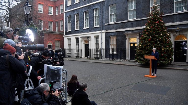 U.K. Prime Minister Theresa May won a vote on her leadership Wednesday, as debate rages over how the U.K. should exit the European Union. She spoke to the media before the vote outside No. 10 Downing St. in London. (Toby Melville/Reuters)