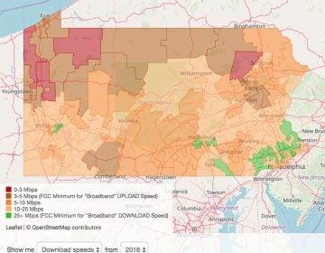 A screenshot of the Penn State study's live result map shows that only a fraction of the state meets the F.C.C.'s standard for high-speed broadband internet. (Min Xian/WPSU)