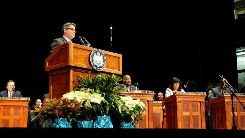 City Councilman Bobby Henon speaks at the inaguration ceremony of Mayor Jim Kenney at the Academy of Music. (Emma Lee/WHYY)