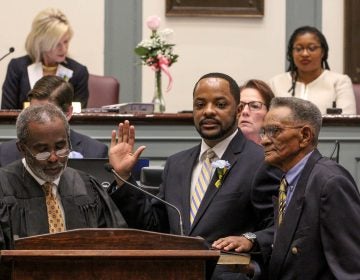 Darius Brown is sworn in as a Delaware state senator at Legislative Hall in Dover in January 2019. (Emma Lee/WHYY)