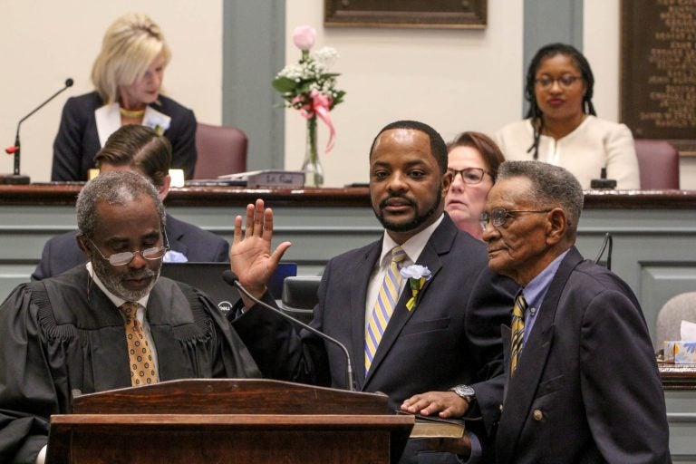 Darius Brown is sworn in as a Delaware state senator at Legislative Hall in Dover in January 2019. (Emma Lee/WHYY)