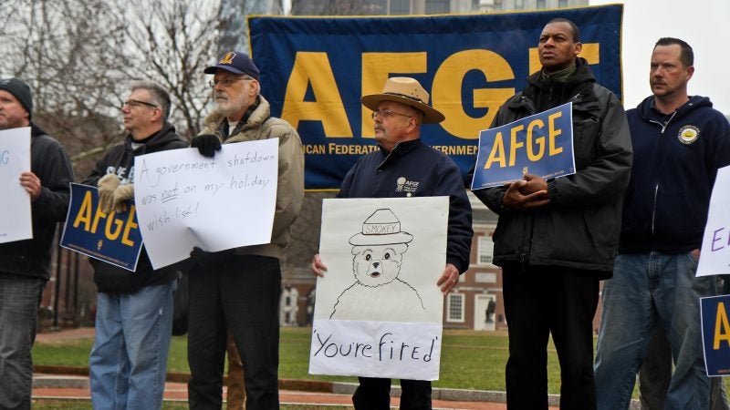Federal government employees rally to call for an end to the shutdown on Independence Mall Tuesday. (Kimberly Paynter/WHYY)