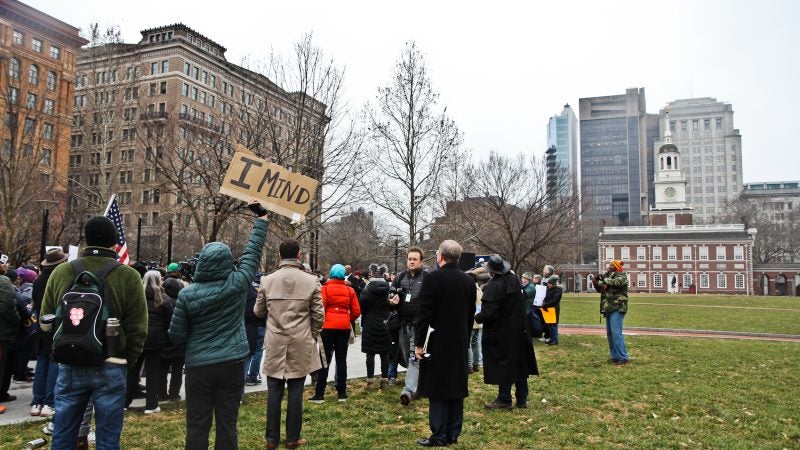 Federal government employees rally to call for an end to the shutdown on Independence Mall Tuesday. (Kimberly Paynter/WHYY)