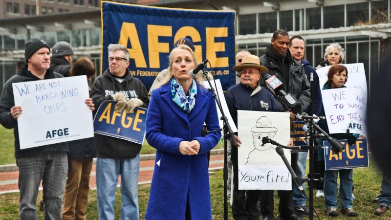 Congress member Mary Gay Scanlon calls for an end to the government shutdown at a rally on Independence Mall Tuesday. (Kimberly Paynter/WHYY)