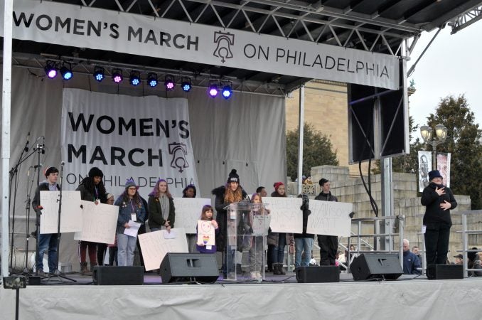 Amy Martin, one of the event's organizer, shares her #MeToo experiences on stage at the Art Museum steps, during the Women's March, January 19, 2019. (Bastiaan Slabbers for WHYY)