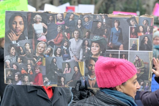 With a lower turnout than previous years, supporters participate in the 2019 Women's March on the Benjamin Franklin Parkway, in Philadelphia, Pa. (Bastiaan Slabbers for WHYY)