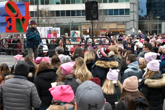 Council at-large candidate Cherry Cohen speaks to a crowd gathered at LOVE Park, during the 2019 Women's March, in Philadelphia, Pa. (Bastiaan Slabbers for WHYY)