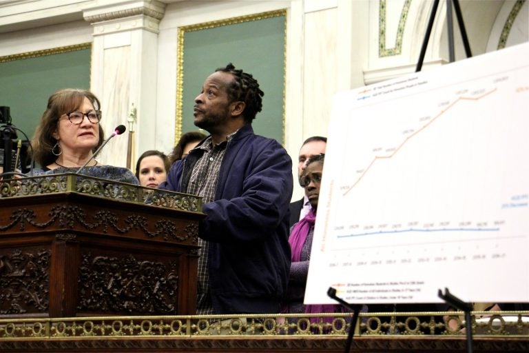 Bruce Thomas talks about the years that he and his family were homeless during a press conference at City Hall. According to data presented by Council members Helen Gym and Allan Domb and members of the Family Service Provider Network, homeless families in Philadelphia are undercounted and underserved.