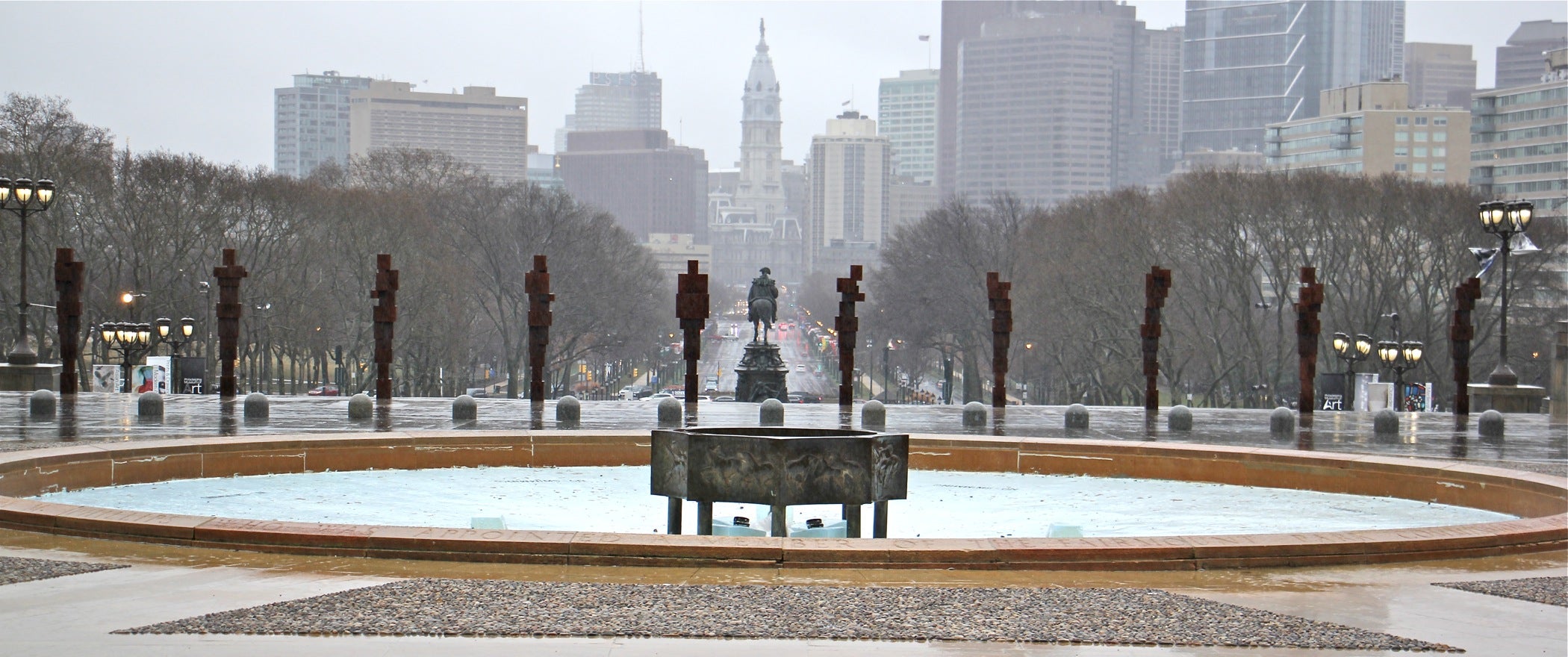 Ten "Blockworks" sculptures by British artist Anthony Gormley are installed on the upper terrace at the Philadelphia Museum of Art.