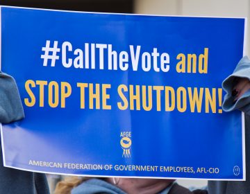 Unions and supporters join the AFGE TSA at Philadelphia International airport to call for an end to the government shutdown. (Kimberly Paynter/WHYY)