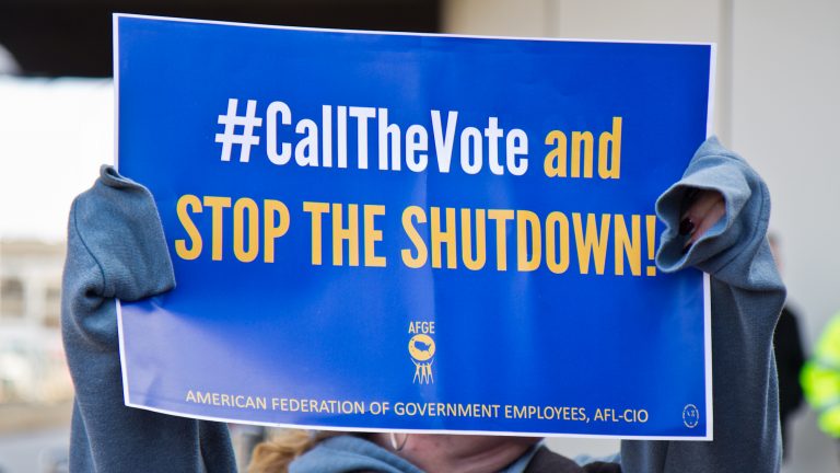 Unions and supporters join the AFGE TSA at Philadelphia International airport to call for an end to the government shutdown. (Kimberly Paynter/WHYY)