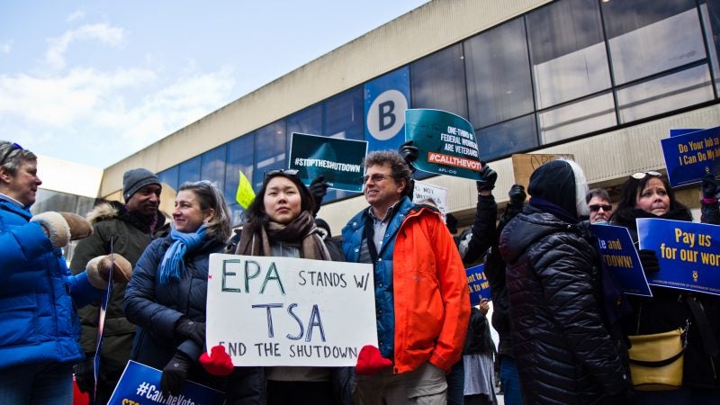 Unions and supporters join the AFGE TSA at Philadelphia International airport to call for an end to the government shutdown. (Kimberly Paynter/WHYY)