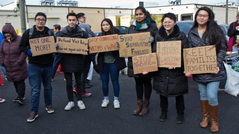 Members and supporters of Philadelphia’s Southeastern Asian community protest deportations at a shopping center on West Oregon Avenue on Sunday, Jan. 27, 2019. (Kimberly Paynter/WHYY)