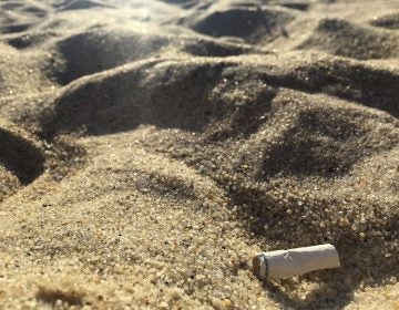 In this Aug. 25, 2018, photo a cigarette butt lies on the sand at  beach in Middletown, N.J. Democratic Gov. Phil Murphy signed the bill banning smoking at the state's public beaches and parks in July, though local communities can opt out and designate small smoking sections. The law takes effect Jan. 16, 2019. (AP Photo/Jenny Kane)