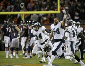 Philadelphia Eagles players celebrate after Chicago Bears kicker Cody Parkey misses a field goal in the final minute during the second half of an NFL wild-card playoff football game Sunday, Jan. 6, 2019, in Chicago. The Eagles won 16-15. (AP Photo/David Banks)