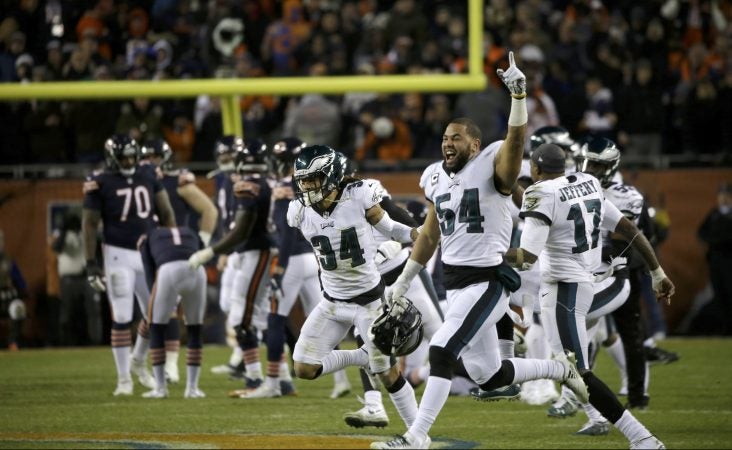 Philadelphia Eagles players celebrate after Chicago Bears kicker Cody Parkey misses a field goal in the final minute during the second half of an NFL wild-card playoff football game Sunday, Jan. 6, 2019, in Chicago. The Eagles won 16-15. (AP Photo/David Banks)