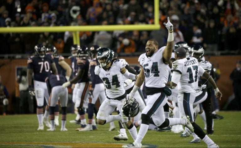 Philadelphia Eagles players celebrate after Chicago Bears kicker Cody Parkey misses a field goal in the final minute during the second half of an NFL wild-card playoff football game Sunday, Jan. 6, 2019, in Chicago. The Eagles won 16-15. (AP Photo/David Banks)