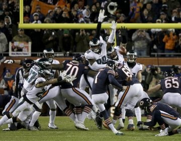 Chicago Bears kicker Cody Parkey (1) kicks and misses a field goal during the second half of an NFL wild-card playoff football game against the Philadelphia Eagles Sunday, Jan. 6, 2019, in Chicago. The Eagles won 16-15.