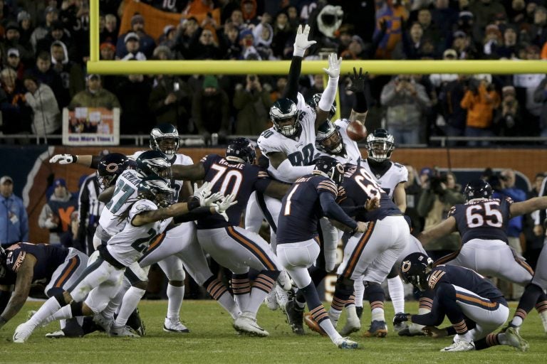 Chicago Bears kicker Cody Parkey (1) kicks and misses a field goal during the second half of an NFL wild-card playoff football game against the Philadelphia Eagles Sunday, Jan. 6, 2019, in Chicago. The Eagles won 16-15.