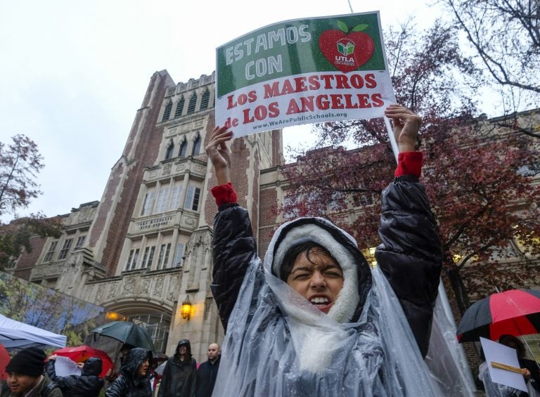 Alessandro Niculescu, 10, holds up a sign in the rain during a teacher strike outside John Marshall High School, Monday, Jan. 14, 2019, in Los Angeles. Tens of thousands of Los Angeles teachers are striking after contentious contract negotiations failed in the nation's second-largest school district.(Ringo H.W. Chiu/AP)