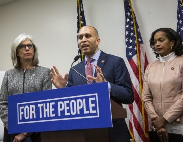 Democratic Caucus Chairman Rep. Hakeem Jeffries of N.Y., flanked by Democratic Caucus Vice Chairman Rep. Katherine Clark, D-Mass., (left), and Rep. Jahana Hayes, D-Conn., (right), speaks to reporters about the partial government shutdown following a Democratic strategy session on Capitol Hill in Washington, Tuesday, Jan. 15, 2019. (J. Scott Applewhite/AP Photo)