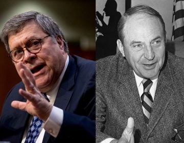 Attorney General nominee William Barr (left) testifies during a Senate Judiciary Committee hearing on Capitol Hill in Washington, Tuesday, Jan. 15, 2019. In this Sept. 2, 1970 file photo, Sen. William B. Saxbe, R-Ohio, serving his first term in the Congress, poses at Capitol Hill. (Andrew Harnik/AP Photo and AP Photo, file) 