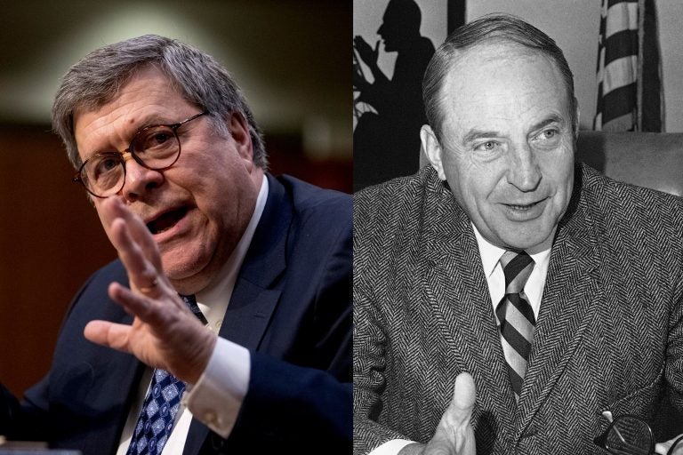 Attorney General nominee William Barr (left) testifies during a Senate Judiciary Committee hearing on Capitol Hill in Washington, Tuesday, Jan. 15, 2019. In this Sept. 2, 1970 file photo, Sen. William B. Saxbe, R-Ohio, serving his first term in the Congress, poses at Capitol Hill. (Andrew Harnik/AP Photo and AP Photo, file) 