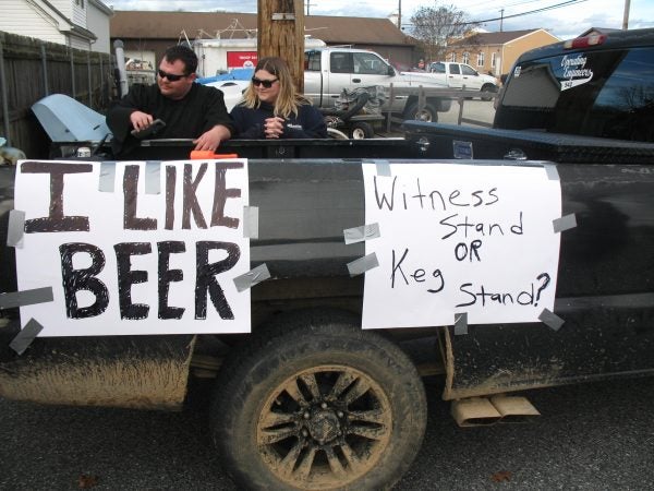 Brett Kavanaugh's fondness of beer was satirized in this float that featured audio of the Supreme Court nominee’s testimony before a Senate committee. (John Mussoni/WHYY)