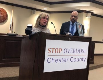 Beth Perz, whose son Brad died of a drug overdose a few weeks ago, speaks during a press conference in Chester. Officials in Chester County announced Tuesday that it would be the latest in a slew of local governments to sue opioid manufacturers. (Nina Feldman/WHYY News)