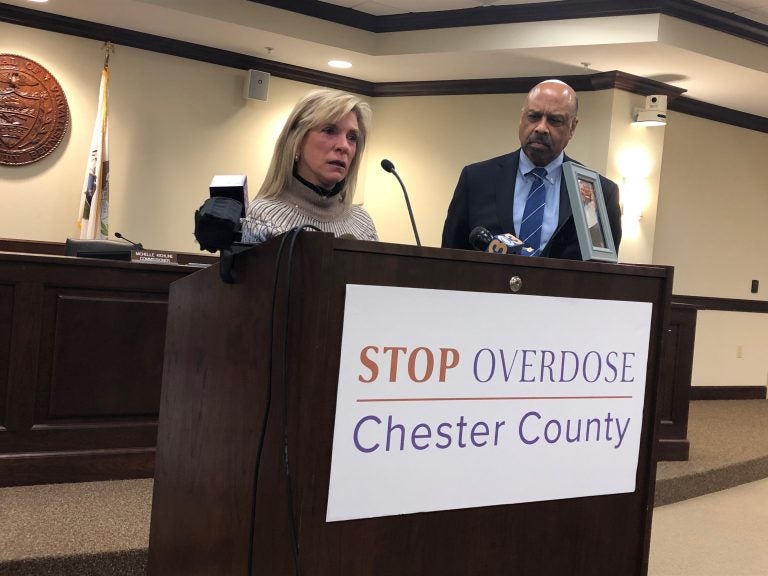 Beth Perz, whose son Brad died of a drug overdose a few weeks ago, speaks during a press conference in Chester. Officials in Chester County announced Tuesday that it would be the latest in a slew of local governments to sue opioid manufacturers. (Nina Feldman/WHYY News)
