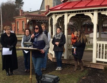 Holly Koscak, a parent and plaintiff in the lawsuit against the Tamaqua Area School District, speaks out against a policy to arm school staff. “I
 don’t believe a teacher should have to pack and carry, their sole responsibility should be to teach a student,” she said. (Jen Kinney/Keystone Crossroads)