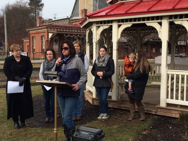 Holly Koscak, a parent and plaintiff in the lawsuit against the Tamaqua Area School District, speaks out against a policy to arm school staff. “I
 don’t believe a teacher should have to pack and carry, their sole responsibility should be to teach a student,” she said. (Jen Kinney/Keystone Crossroads)