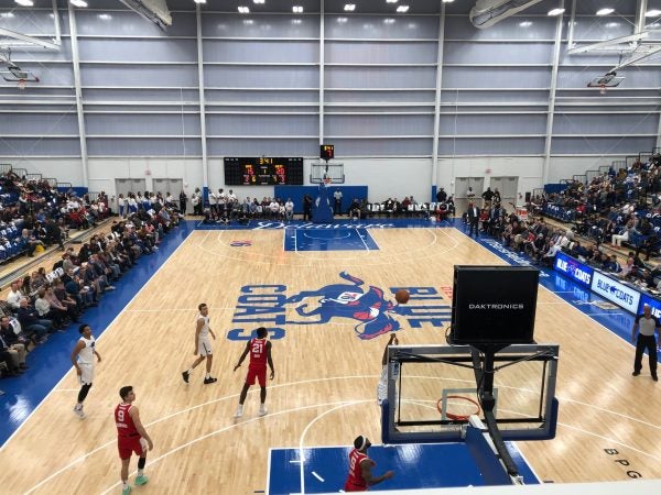 The stands were about two-thirds full in the 2,500-seat arena for the Blue Coats' Wilmington debut. (Cris Barrish/WHYY) 