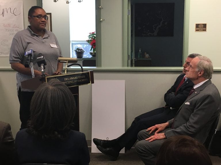 Katherine Banks discusses how Lutheran Community Services helped her avoid homelessness at the LCS office in Wilmington Monday morning. (Mark Eichmann/WHYY)