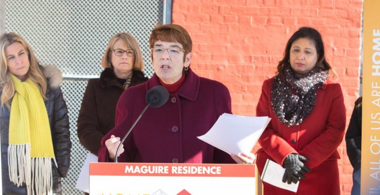 Sister Mary Scullion, co-founder of Project HOME, speaks at the construction kickoff ceremony for the nonprofit's Maguire Residence in Kensington on Jan. 15. It will be housing for homeless people with an addiction. (Photo courtesy of Jay Gorodetzer) 