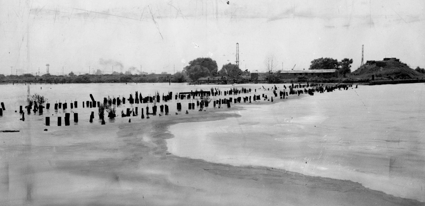 Decomposed matter floats on the river above Greenwich Point near South Philadelphia in July 1944. (Temple archives)