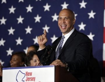 Sen. Cory Booker, D-N.J., addresses supporters during an election night victory gathering, Tuesday, Nov. 4, 2014, in Newark, N.J. (AP Photo/Julio Cortez)