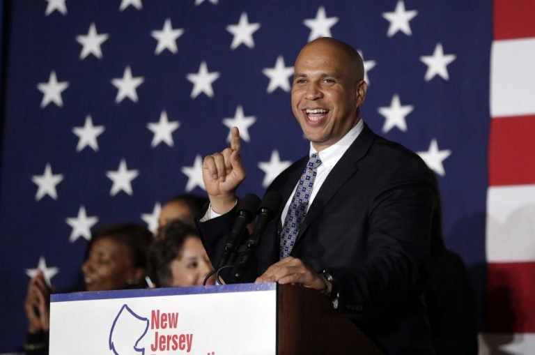 Sen. Cory Booker, D-N.J., addresses supporters during an election night victory gathering, Tuesday, Nov. 4, 2014, in Newark, N.J. (AP Photo/Julio Cortez)