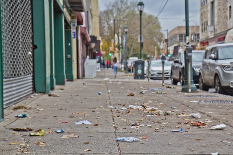 An unswept street in the Germantown Special Services District on Nov. 2, 2018. (Kimberly Paynter/WHYY)