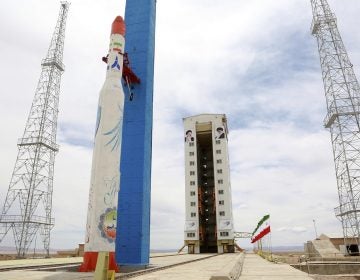 Iran's Simorgh rocket pictured before an attempted satellite launch in 2017. Experts say the rocket's second stage is too small to be used as a missile. (AP)
