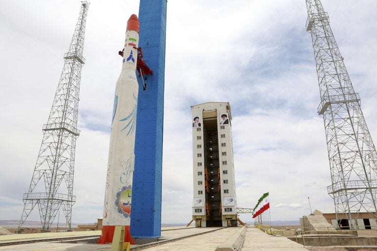 Iran's Simorgh rocket pictured before an attempted satellite launch in 2017. Experts say the rocket's second stage is too small to be used as a missile. (AP)