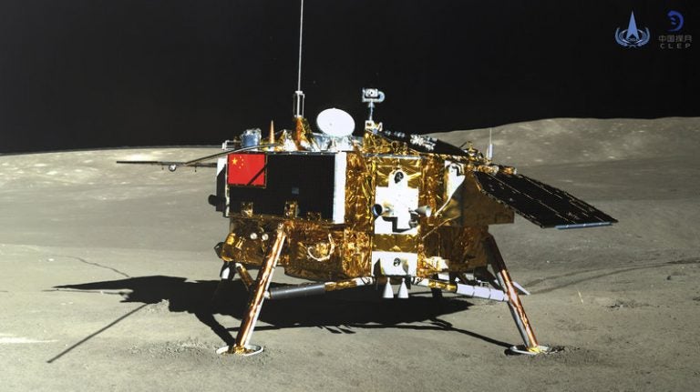 The lunar lander of the Chang'e-4 probe is seen on Jan. 11. The seeds that scientists hoped would thrive within a biodome aboard have all died. (AP via China National Space Administration via Xinhua News Agency)