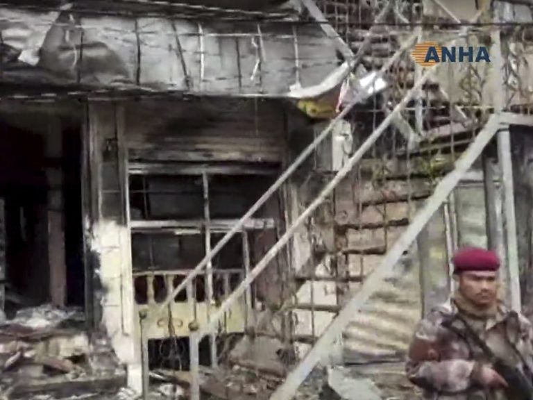An explosion damaged a restaurant in Manbij, Syria, Wednesday, shown in a screengrab from the Kurdish Hawar News agency, or ANHA. (ANHA/AP)
