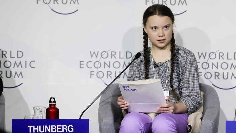Climate activist Greta Thunberg delivers a speech at the World Economic Forum in Davos, Switzerland. (Markus Schreiber/AP)