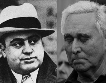 Al Capone (left) is photographed at a football game in Chicago on Jan. 19, 1931. Roger Stone, a confidant of President Donald Trump, stands outside of the federal courthouse following a hearing, Friday, Jan. 25, 2019, in Fort Lauderdale, Fla. (AP Photo/Lynne Sladky)