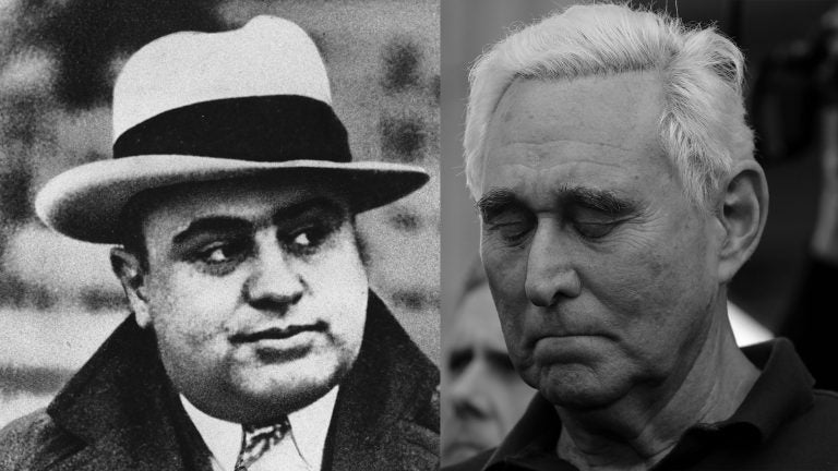 Al Capone (left) is photographed at a football game in Chicago on Jan. 19, 1931. Roger Stone, a confidant of President Donald Trump, stands outside of the federal courthouse following a hearing, Friday, Jan. 25, 2019, in Fort Lauderdale, Fla. (AP Photo/Lynne Sladky)