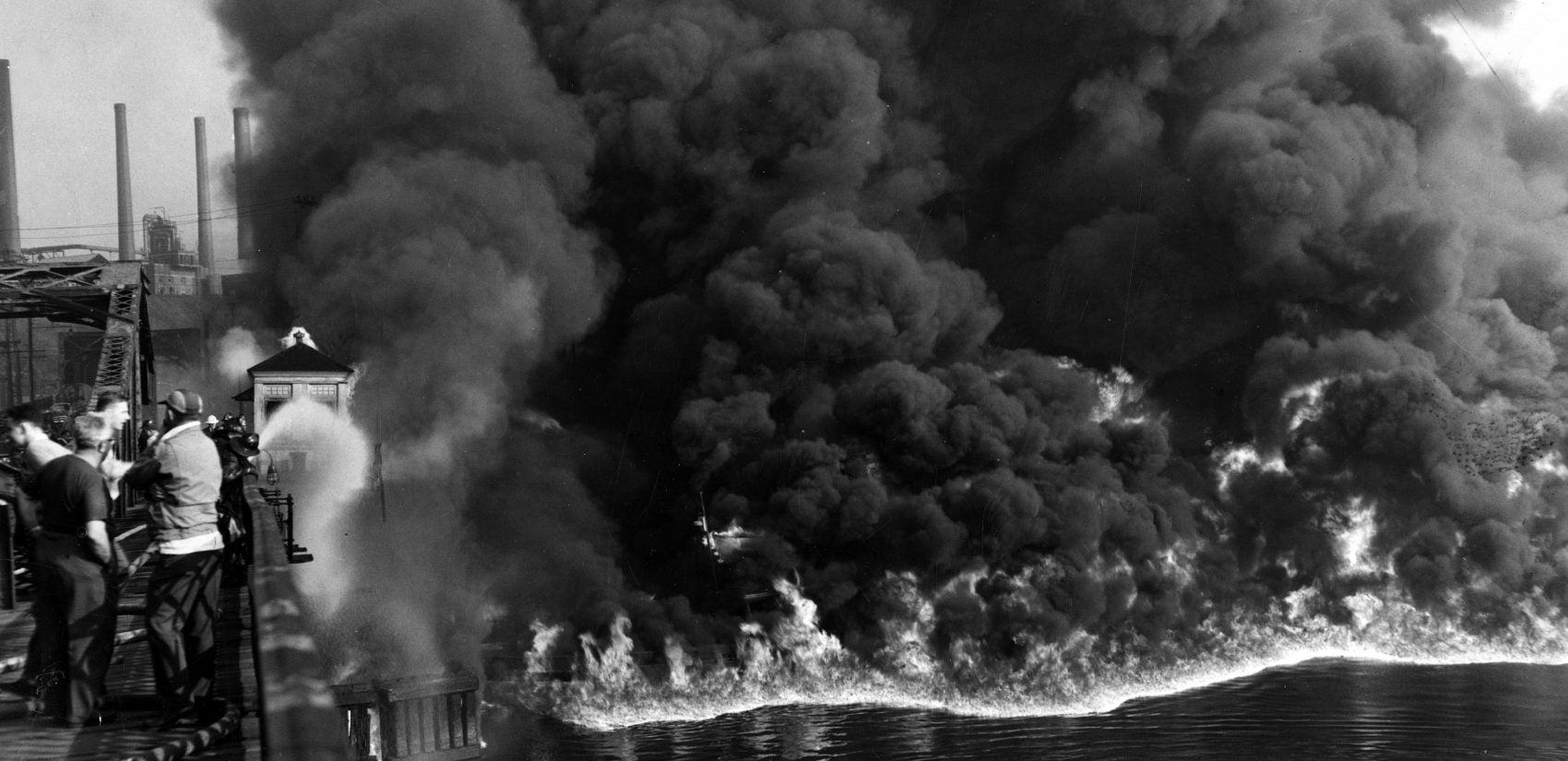 Fire on the Cuyahoga River, 1952. Many such fires occurred on the river before the Clean Water Act. (The Cleveland Press Collection, Michael Schwartz Library, Cleveland State University)